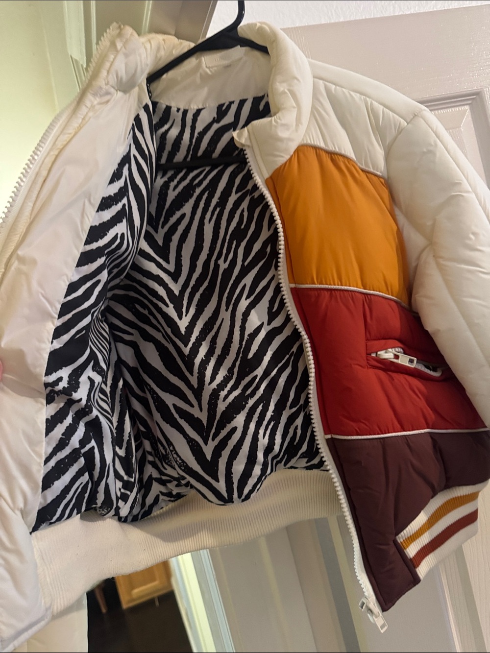 MOTHER Colorblock Puffer Jacket in Cream, Mustard, Rust & Brown - Picture 2 of 3
